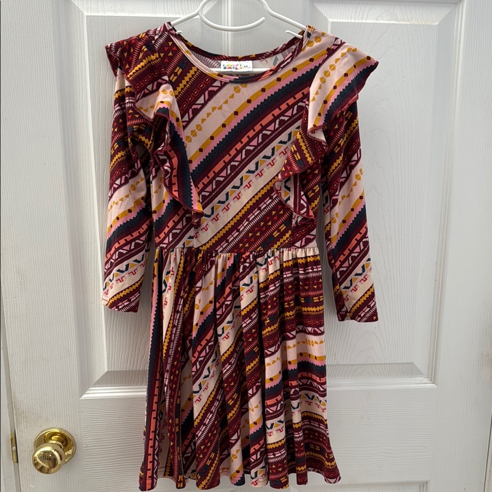 Dot Dot Smile Red Wine and Orange Flare Dress with Flutter Sleeves Girl Size 5/6